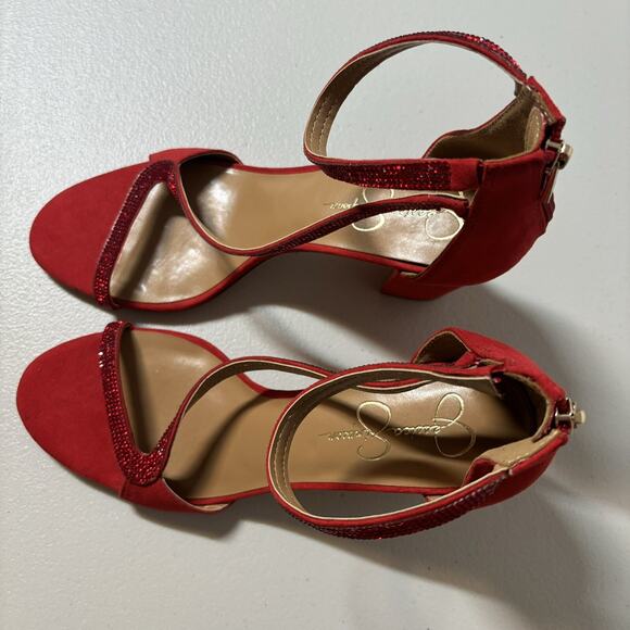 Jessica Simpson Red Suede Block Heel Sequin Strap Sandals Zipper Back Size 10 - Picture 6 of 10